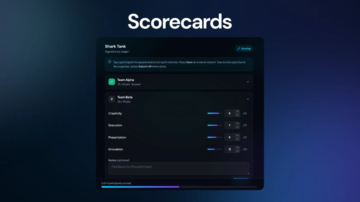 Event Assets Judge Scorecard — organiser and judge scoring interface